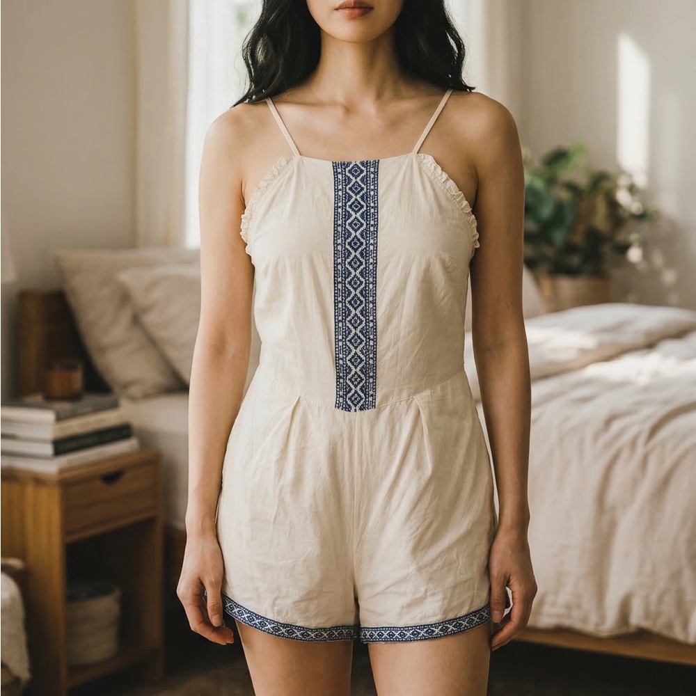 Tularosa Cream Sleeveless Romper with Navy Accent